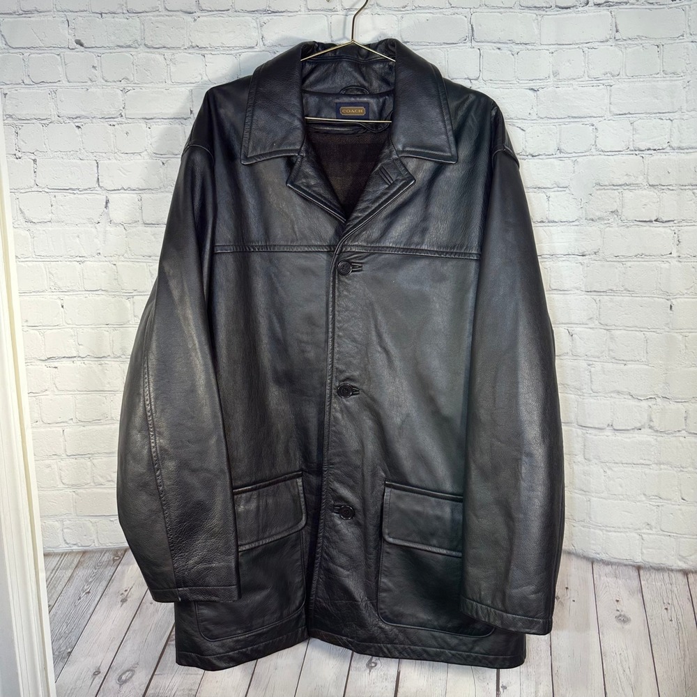 Coach Mens Black Leather Car Coat Jacket Button Front Striped Lining XL USA